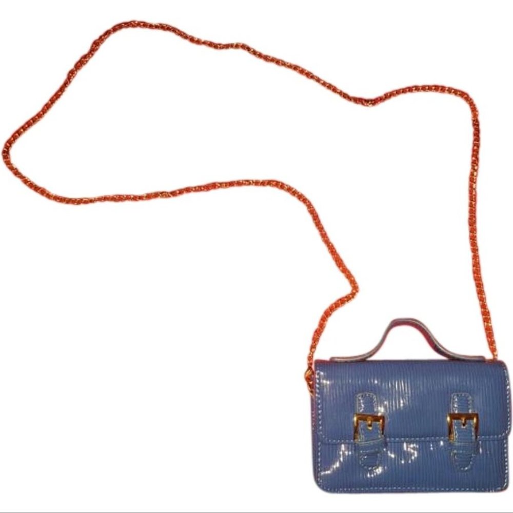 Blue Patent Crossbody Mini-Purse with Gold Chain